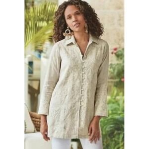 Soft Surroundings Embroidered Beige Kamal Rayon Linen Tunic Top Size 1X Bohemian